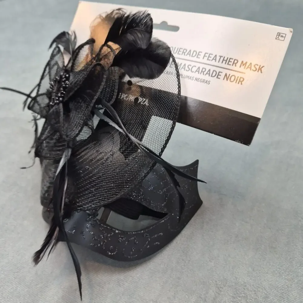 Black Masquerade Mask, Glitter, Feathers, Rhinestones Mardi Gras , Halloween